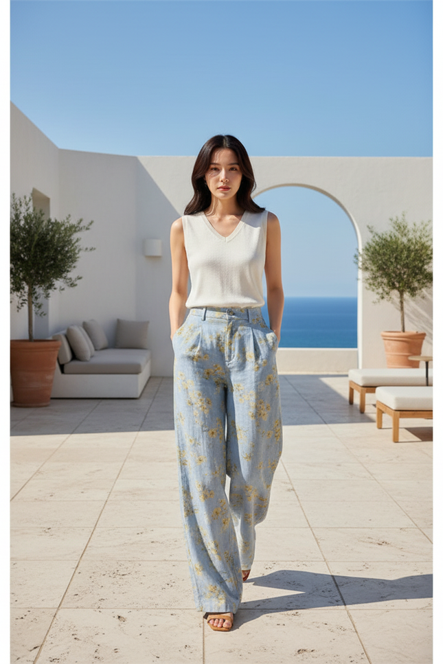 Pantalon En Lin Fleuri Bleu Ample Estival Décontracté