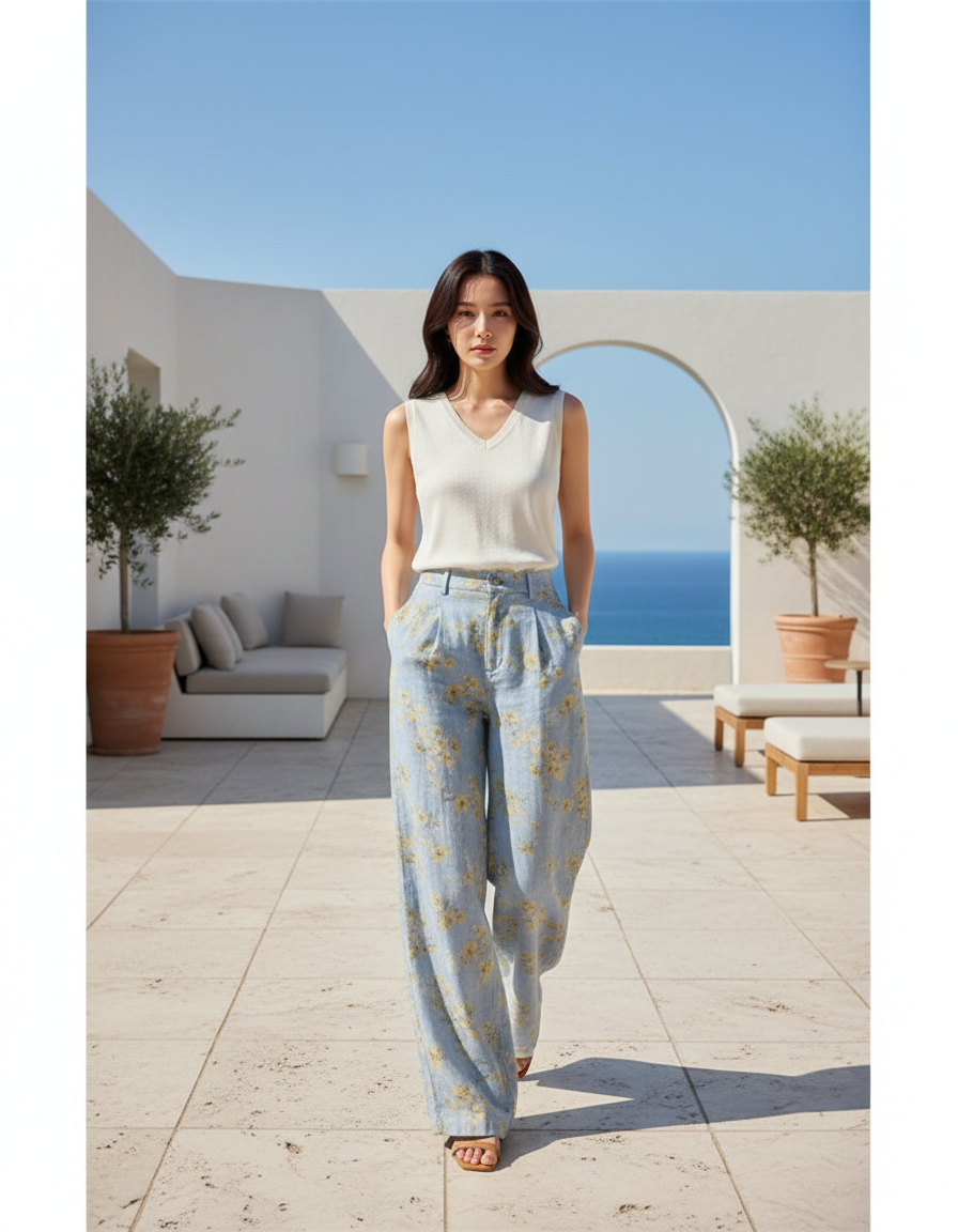 Pantalon En Lin Fleuri Bleu Ample Estival Décontracté