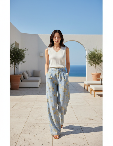 Pantalon En Lin Fleuri Bleu Ample Estival Décontracté