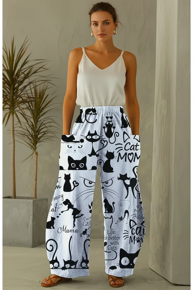 Pantalon En Lin Blanc Imprimé Chats Ample Décontracté