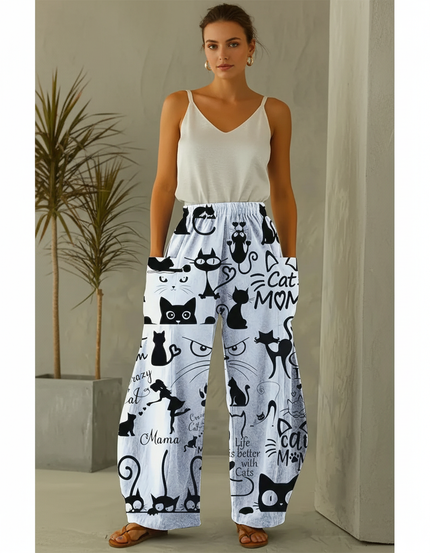 Pantalon En Lin Blanc Imprimé Chats Ample Décontracté