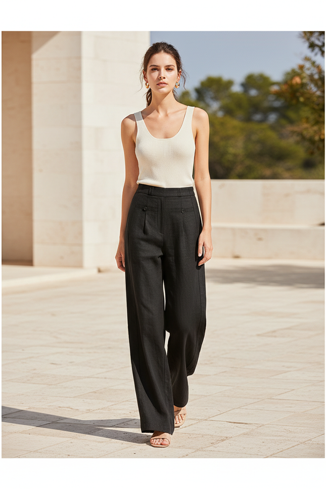 Pantalon En Lin Noir Ample Taille Haute Fluide Confortable