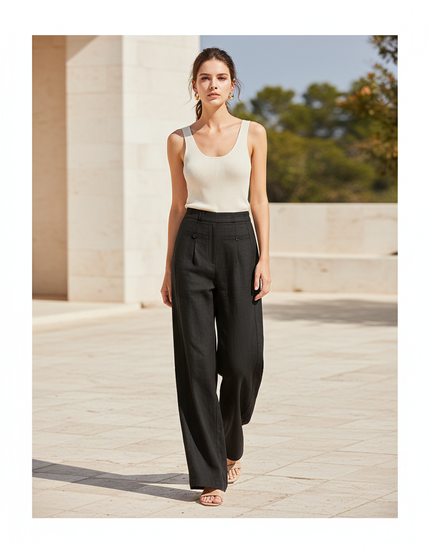 Pantalon En Lin Noir Ample Taille Haute Fluide Confortable