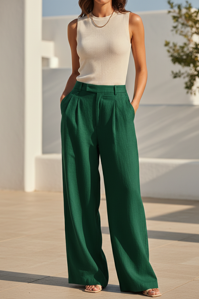 Pantalon En Lin Vert Ample Plissé Décontracté