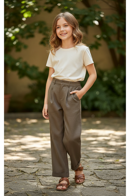 Pantalon En Lin Kaki Ample Plissé Enfant Décontracté