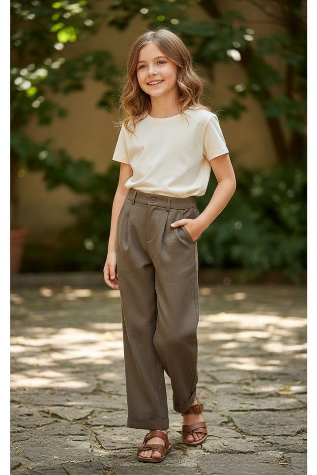 Pantalon En Lin Kaki Ample Plissé Enfant Décontracté