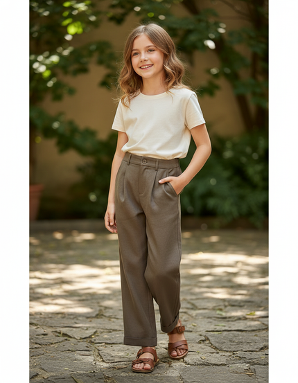 Pantalon En Lin Kaki Ample Plissé Enfant Décontracté