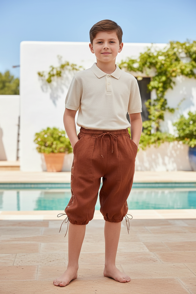 Pantalon En Lin Marron Ample Lacets Garçon Médiéval