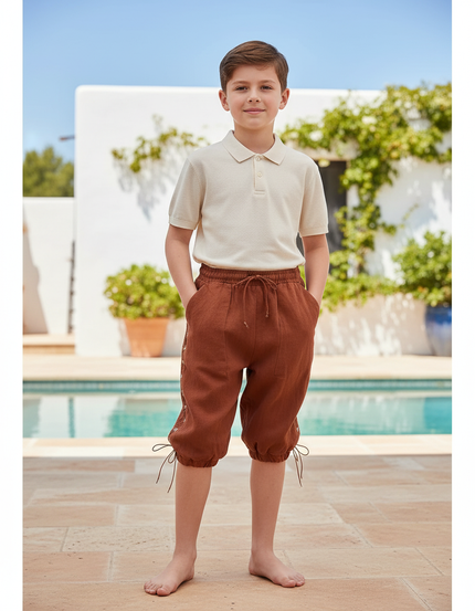 Pantalon En Lin Marron Ample Lacets Garçon Médiéval