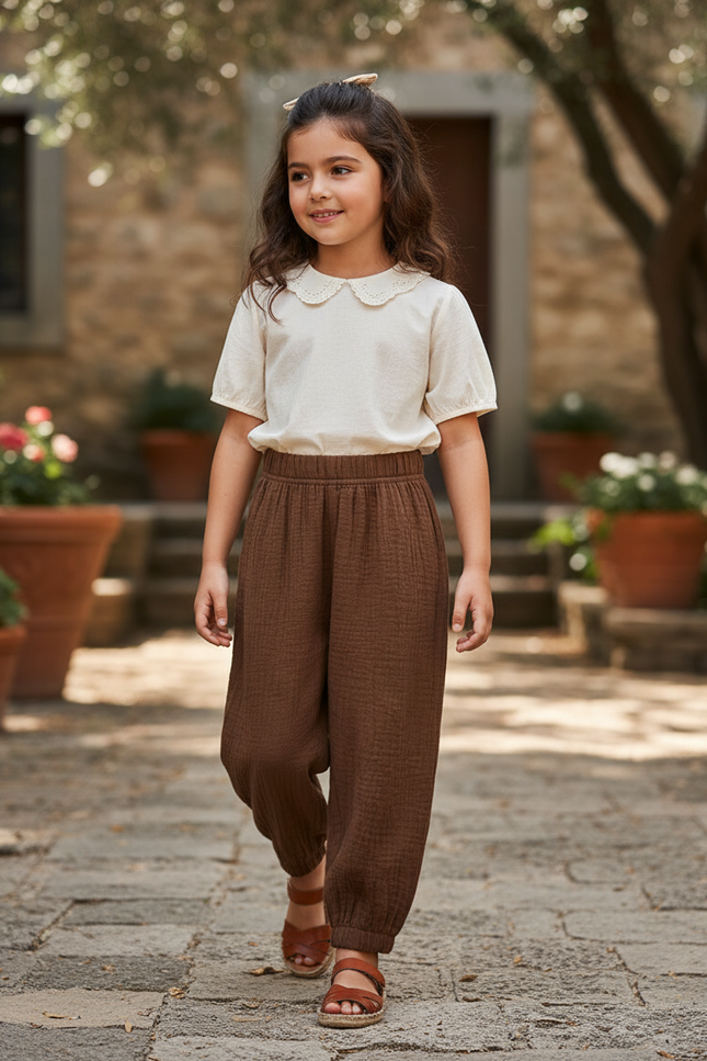 Pantalon En Lin Marron Ample Enfant Coton Harem