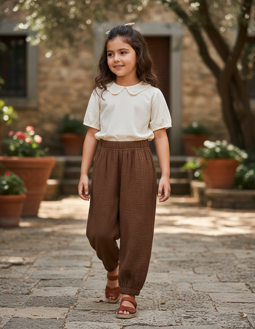 Pantalon En Lin Marron Ample Enfant Coton Harem
