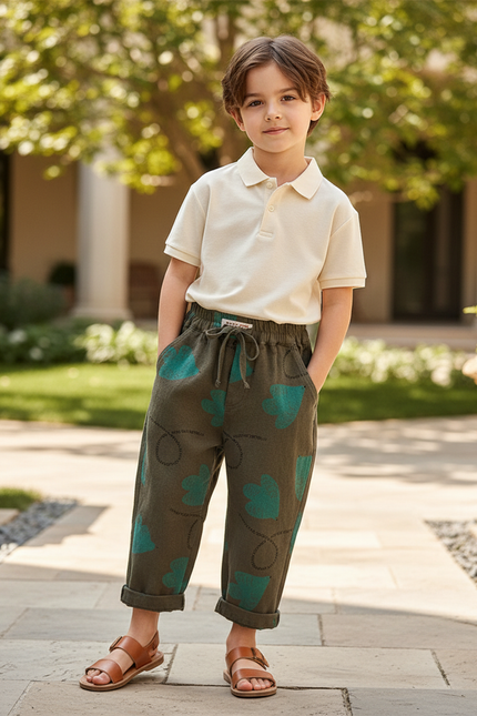 Pantalon En Lin Kaki Imprimé Cœurs Ample Décontracté Enfant