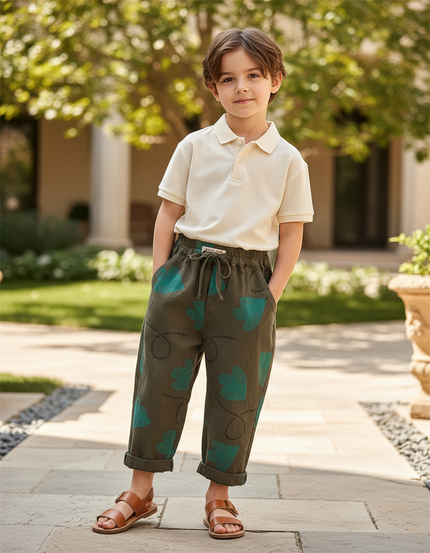 Pantalon En Lin Kaki Imprimé Cœurs Ample Décontracté Enfant