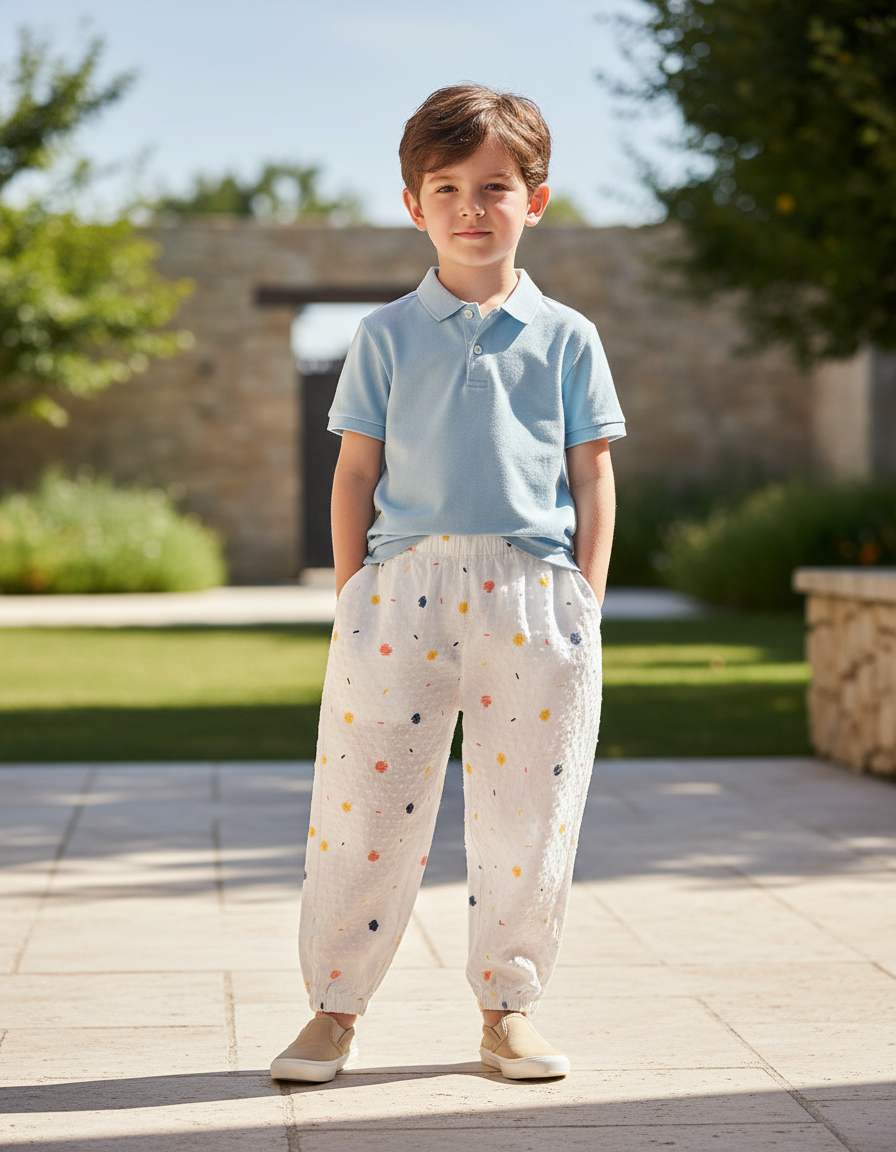Pantalon En Lin Blanc Imprimé Coloré Ample Enfant