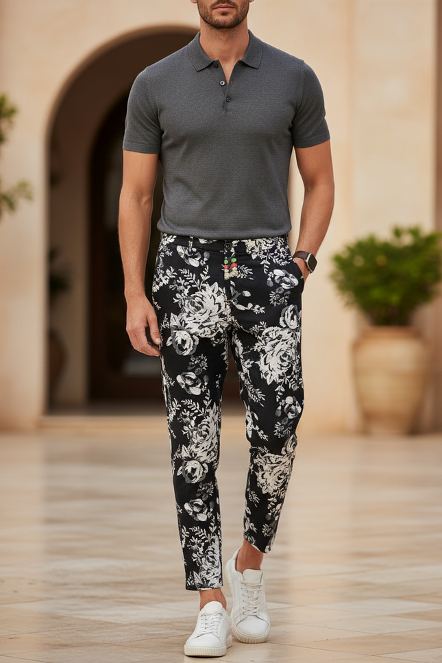 Pantalon En Lin Noir Imprimé Floral Cheville Homme