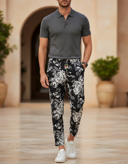Pantalon En Lin Noir Imprimé Floral Cheville Homme