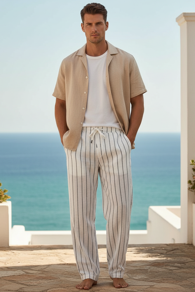 Pantalon En Lin Rayé Ample Confortable Homme - Blanc
