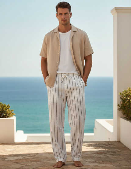 Pantalon En Lin Rayé Ample Confortable Homme - Blanc