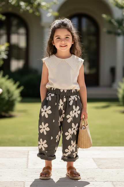 Pantalon En Lin Fleuri Ample Décontracté Enfant - Kaki