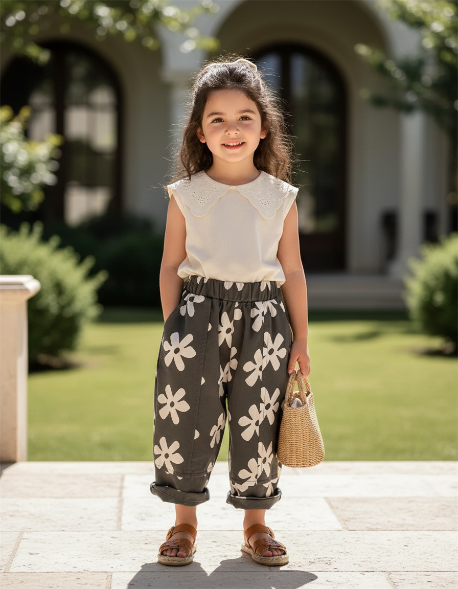 Pantalon En Lin Fleuri Ample Décontracté Enfant - Kaki