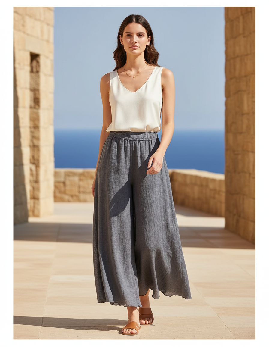 Pantalon En Lin Ample Gris Fluide Décontracté Femme