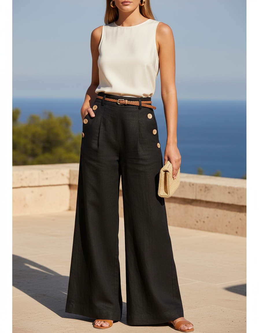 Pantalon En Lin Noir Ample Boutons Décontracté Fluide