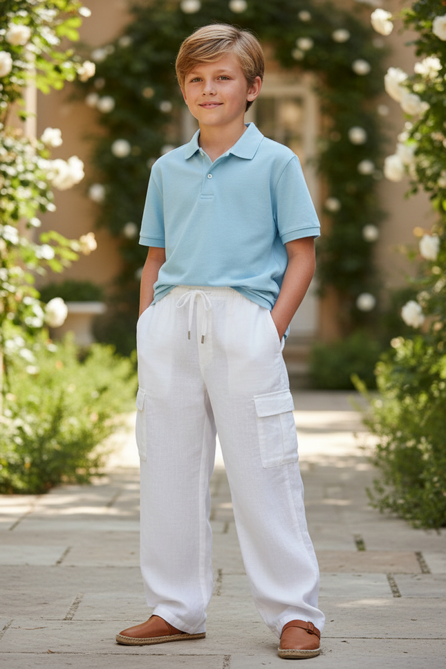 Pantalon En Lin Blanc Cargo Ample Enfant Léger