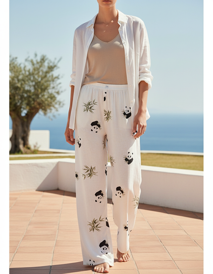 Pantalon En Lin Blanc Imprimé Panda Ample Fluide