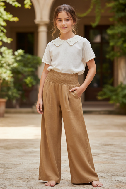Pantalon En Lin Ample Plissé Confortable Fille Beige - Camel