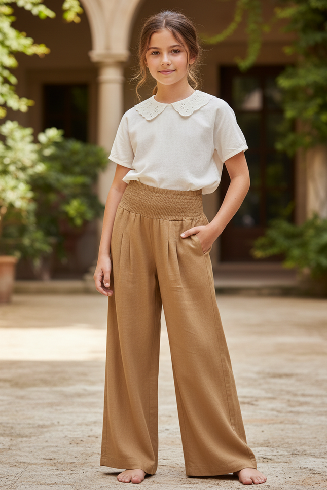 Pantalon En Lin Ample Plissé Confortable Fille Beige - Camel