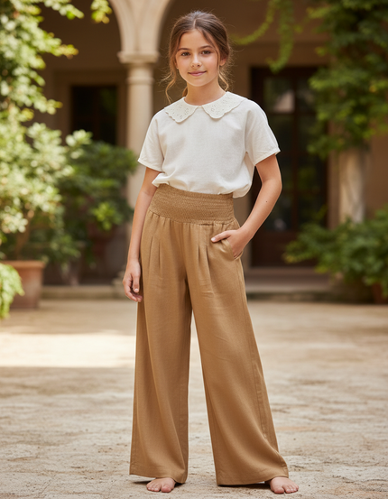 Pantalon En Lin Ample Plissé Confortable Fille Beige - Camel