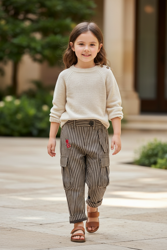 Pantalon En Lin Rayé Marron Cargo Enfant Décontracté