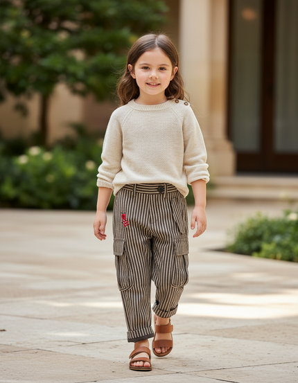 Pantalon En Lin Rayé Marron Cargo Enfant Décontracté
