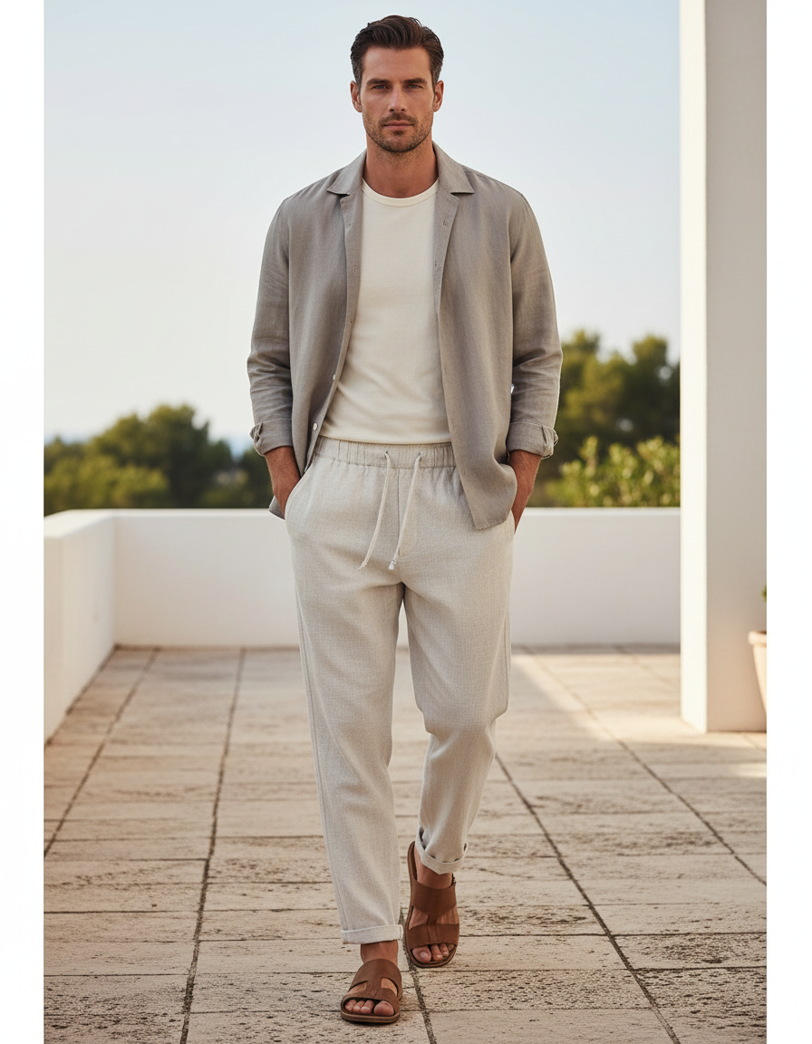 Pantalon En Lin Beige Cordon Décontracté Ample Homme
