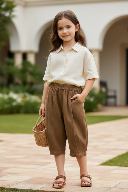 Pantalon En Lin Marron Ample Court Confortable Enfant