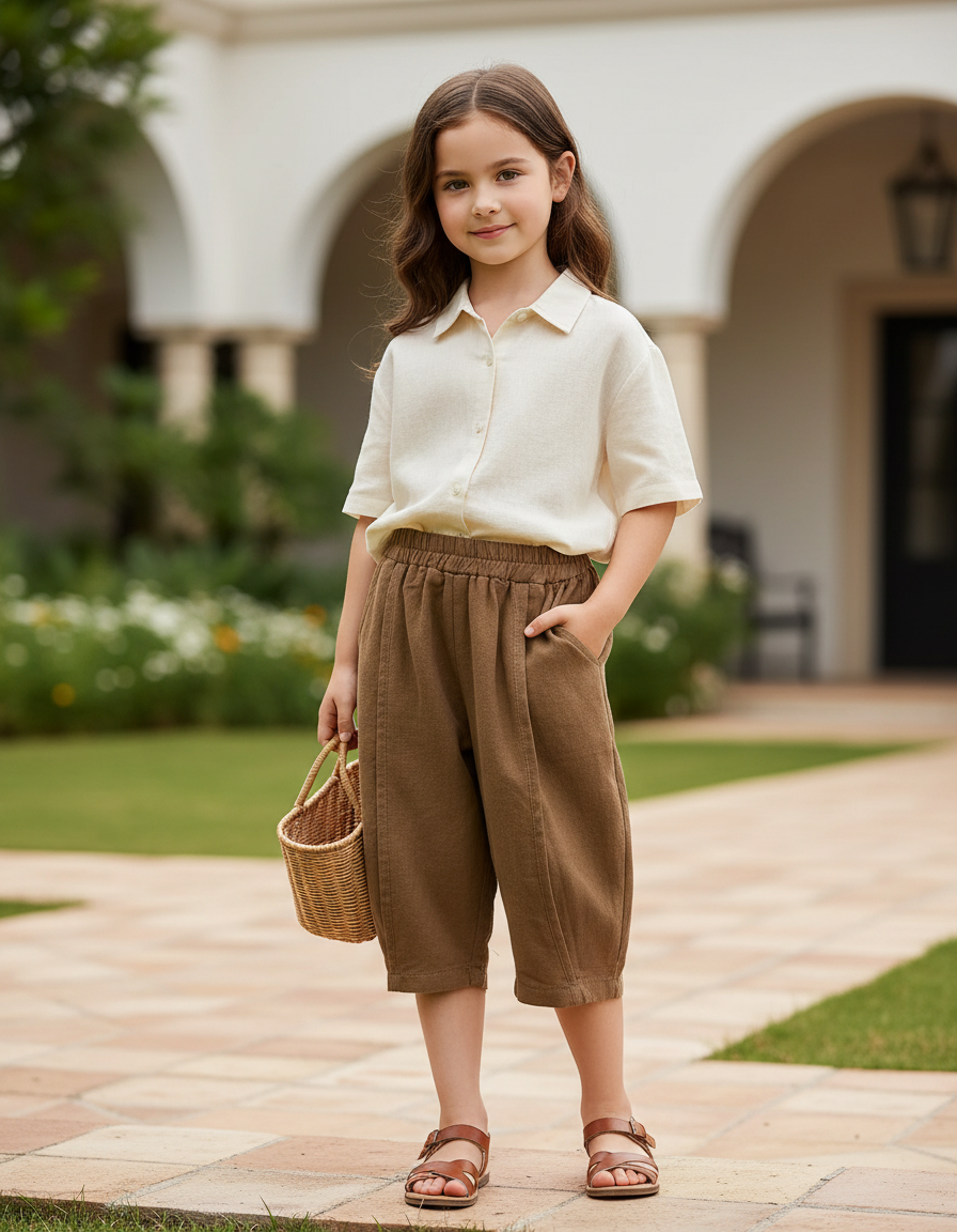 Pantalon En Lin Marron Ample Court Confortable Enfant