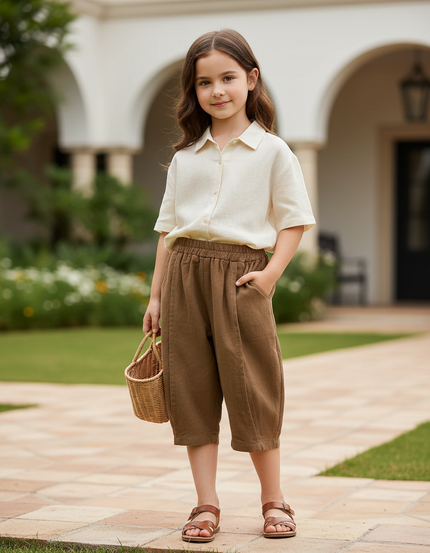 Pantalon En Lin Marron Ample Court Confortable Enfant