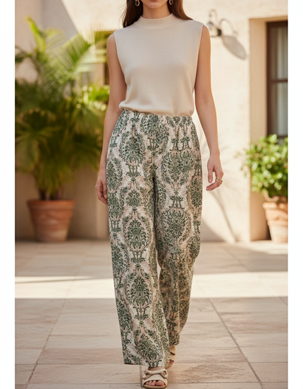 Pantalon En Lin Ample Imprimé Vert Élégant Fluide