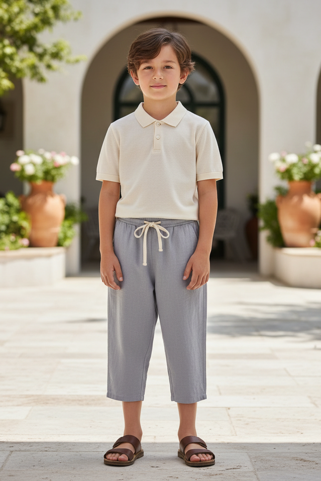 Pantalon En Lin Gris Clair Court Décontracté Garçon