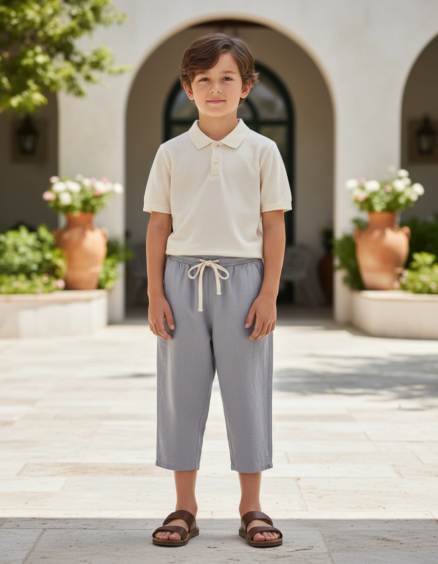 Pantalon En Lin Gris Clair Court Décontracté Garçon