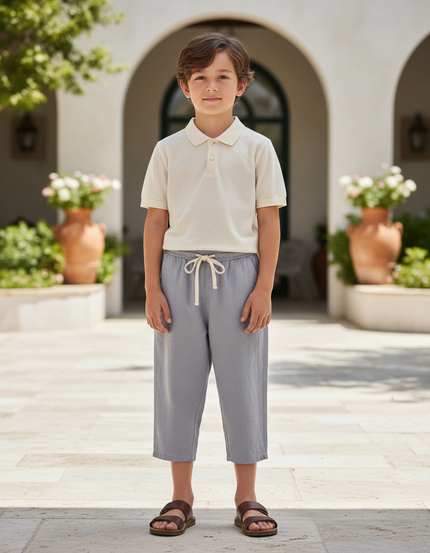 Pantalon En Lin Gris Clair Court Décontracté Garçon
