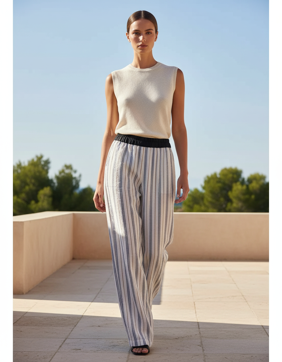 Pantalon En Lin Rayé Ample Taille Élastique Décontracté - Imprimé