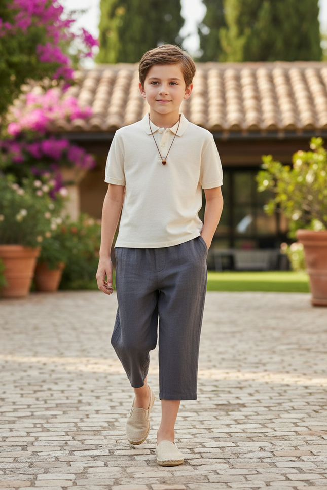 Pantalon En Lin Gris Court Ample Décontracté Garçon