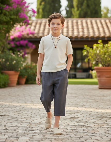 Pantalon En Lin Gris Court Ample Décontracté Garçon