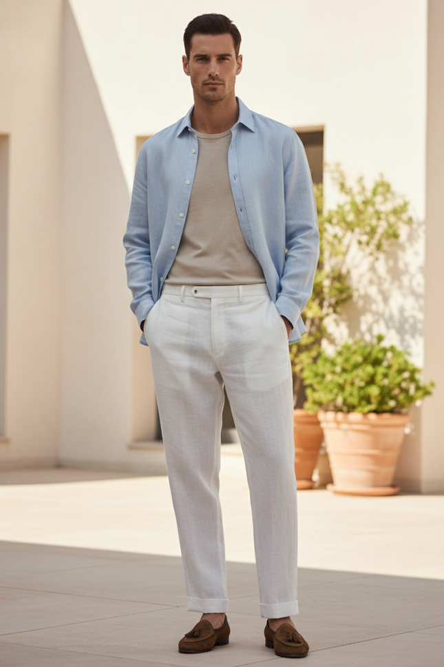Pantalon Lin Blanc Homme Slim