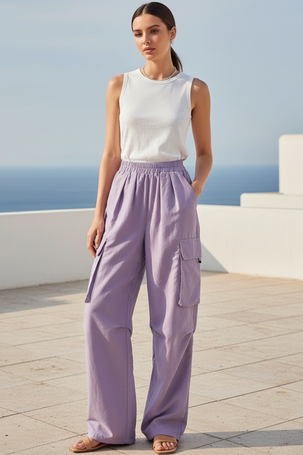 Pantalon Lin Cargo Femme - Violet
