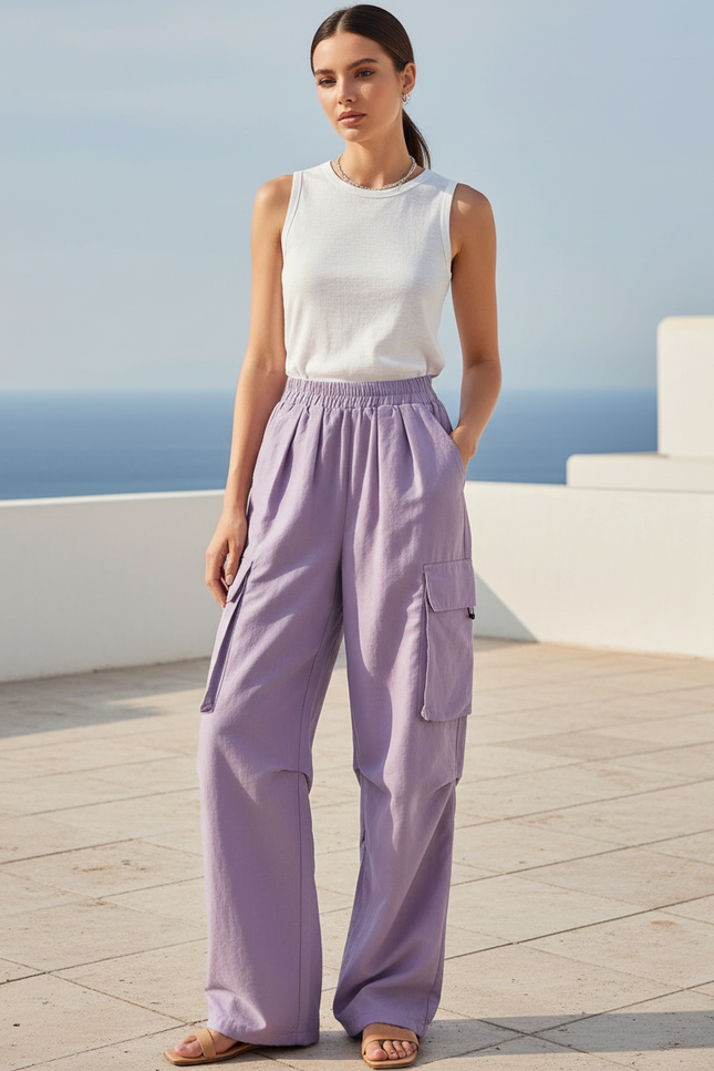 Pantalon Lin Cargo Femme - Violet