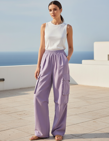 Pantalon Lin Cargo Femme - Violet