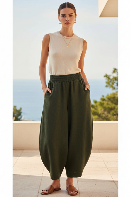 Pantalon En Lin Vert Ample Taille Élastique Confortable - Kaki