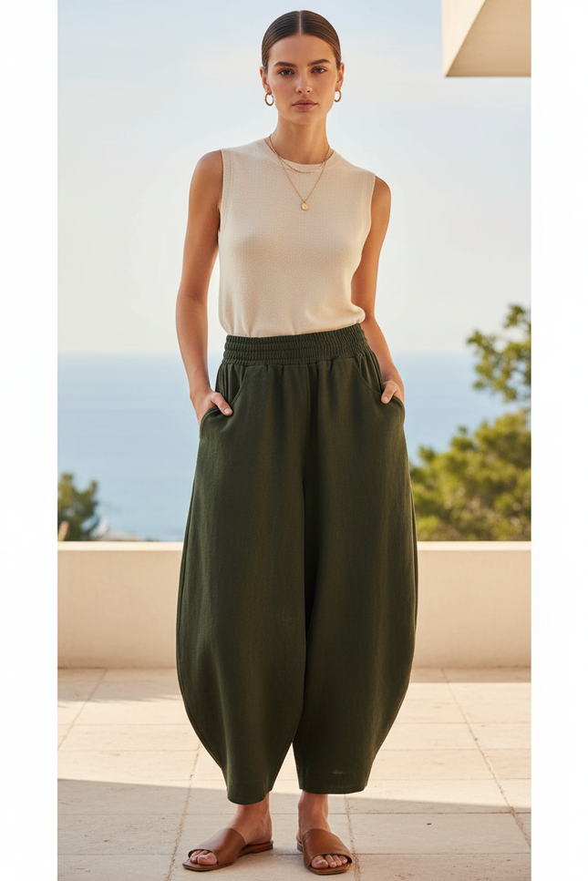 Pantalon En Lin Vert Ample Taille Élastique Confortable - Kaki